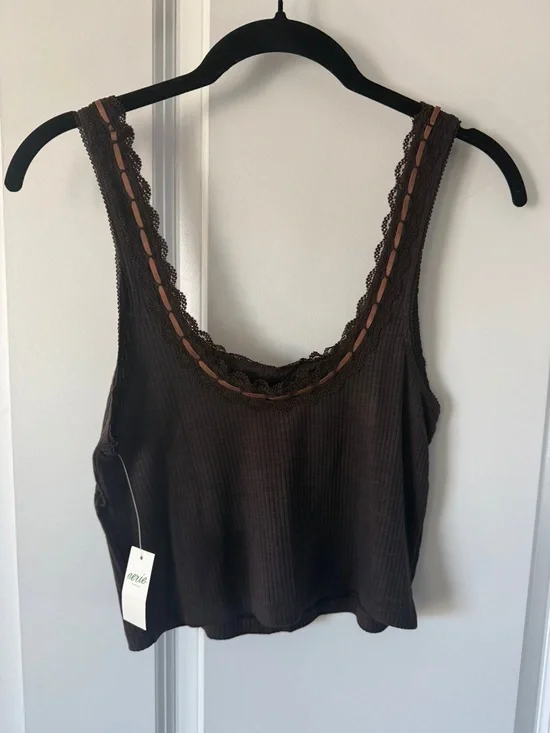 aerie Chocolate Brown Lace-Trim Ribbed crop Tank tank - Picture 3 of 5